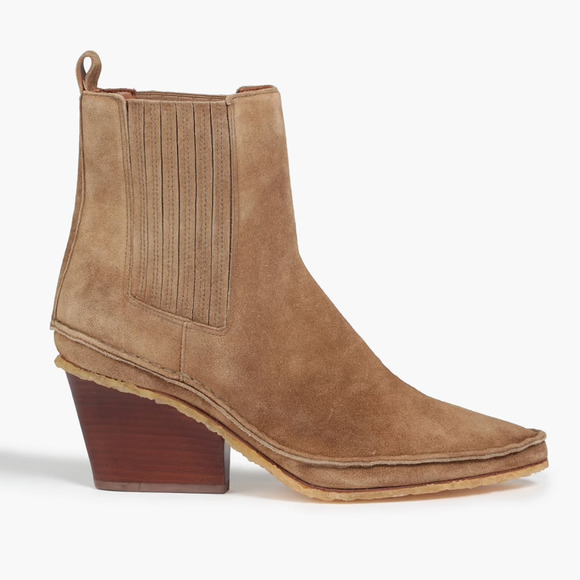 New Tory‎ Burch Lila Booties Brown Suede Pointed Stacked Block Heel Ankle Sz 6 - Picture 1 of 10